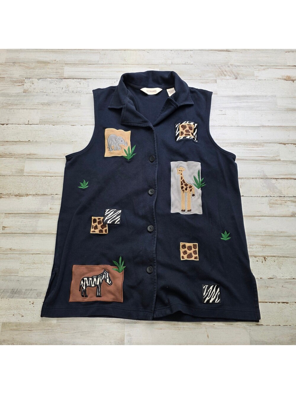 VTG 90s Bechamel Vest Cute Animal Patchwork Elephant Giraffe Zebra Button Up